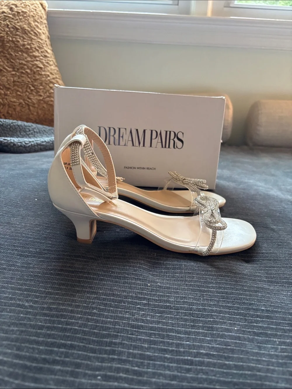 Dream Pairs Ivory/White Crystal Bow Ankle-Strap Sandals